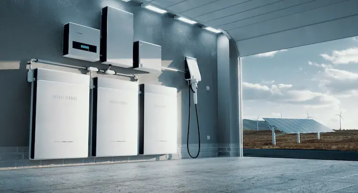 Battery storage system with a photovoltaic array in the background