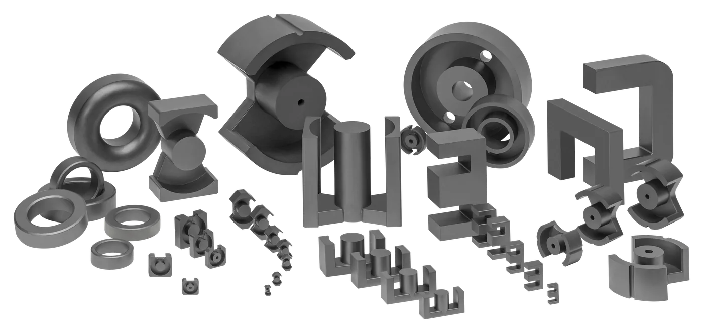 Overview of standard shapes of Blinzinger ferrite cores: toroids, U, E, ETD, RM and P cores in various sizes